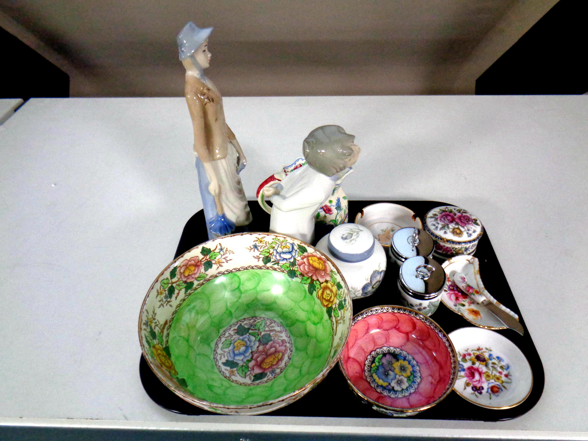 A tray containing assorted ceramics to include Spanish figures, Masons jug, Maling dishes,
