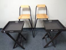 A pair of contemporary butler's trays on stand together with a pair of pine tubular metal folding