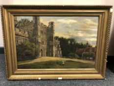 Robert E Buckley : Figures by a castle gate, oil on canvas, 39 cm x 60 cm, framed.