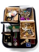 A tray containing a quantity of assorted costume jewellery, gent's Lorus wristwatch,