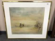 A continental colour print depicting boats in still water,