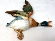 A Beswick china wall plaque : Mallard, model 596/2, brown, teal green and white, gloss,