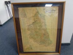 A Bacons 20th century map of Northumberland and Durham in display frame
