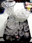 A tray containing a quantity of assorted glassware to include cut glass, lead crystal vases,