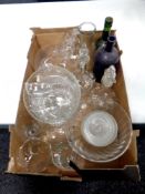 A box containing assorted glassware to include antique hand painted liqueur decanters,
