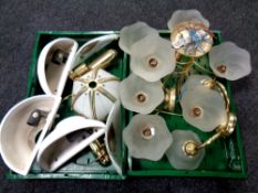 Two plastic crates of brass light fitting with glass shades and matching wall lights,