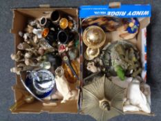Two boxes containing miscellaneous to include table top water feature, ornaments, glassware,
