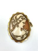 A yellow gold mounted cameo brooch, 34.6 mm x 45.26 mm.