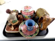 A tray containing assorted ceramics to include Capodimonte figure, The Cobbler,
