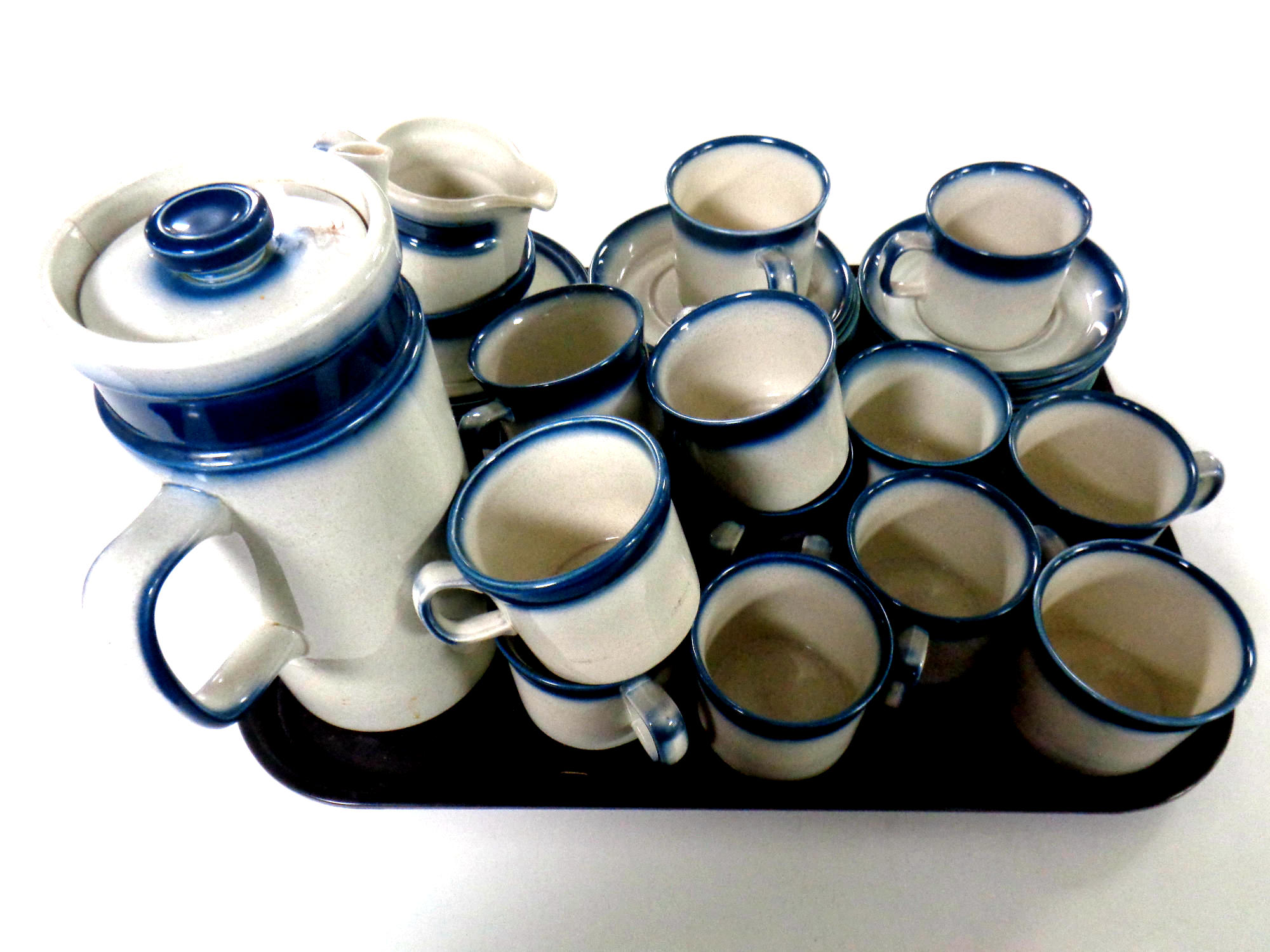A tray containing 35 pieces of Wedgwood Blue Pacific coffee oven to table ware