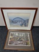 An R W Thornton pastel study, bridge over river,