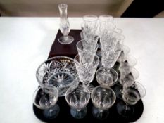 A tray containing assorted glassware to include cut glass bowl, boxed Webb crystal vase,