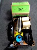 A box of two JVC hi/fi systems, battery charger, extension lead,