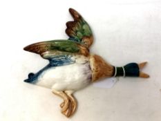 A Beswick china wall plaque : Mallard, model 596/1, brown, teal green and white, gloss,