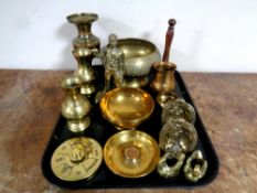 A tray containing assorted copper wares to include eastern vases, figure of a miner, planter, bowls,