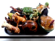 A tray containing assorted ceramic animal figures to include Poole squirrel, Coalport setter,