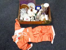 A box containing assorted ceramics and glassware to include Ringtons caddy, Spanish figures,