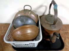 A tray containing 19th century copper kettle together with four antique copper bed warmers