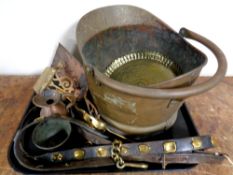 A tray containing antique metal wares to include a 19th century copper swing handled coal bucket,