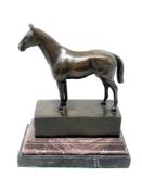 A bronze figure of a horse on two tone marble plinth,