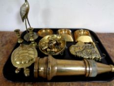 A tray containing assorted brass ware to include fire hose nozzle, dog's head key rack,