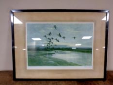 A Peter Scott signed print, Widgeon Beyond the Dunes, dated 1945, in frame and mount, 55 cm x 28.