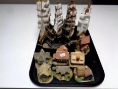 A tray containing Lilliput and Fraser Creation cottages together with five models of galleons