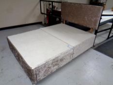 A 4'6 storage divan base upholstered in a crushed velvet fabric together with a matching headboard