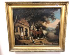 Follower of George Morland (British 1763 - 1804) : Figures with hounds by a cottage, oil on canvas,