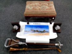 A box containing footstool, two rolled prints, Lindisfarne, copper hunting horn, shooting stick,