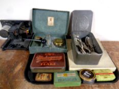 A tray of vintage tins including CWS, Ovaltine, etc part boxed Yardley dressing table set,