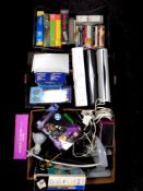 Three boxes of PC games, electrical cables, Sky boxes, digi senders,