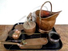 A tray containing antique and later copper wares to include copper buckets, two copper scoops,