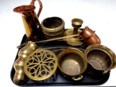 A tray containing assorted metal wares together with two sets of three copper and brass toddy