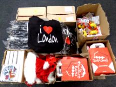 A palette containing a quantity of I Love London shopping bags, two boxes of London souvenir plates,