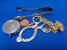 A small quantity of costume items including pocket watch chain, silver plated tongs,