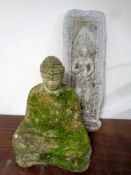 A composite garden figure of seated Buddha on stand and a composite plaque of an Eastern deity