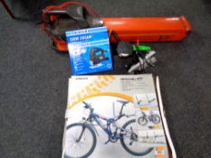 A Flymo garden vacuum together with a bike rack, an Energizer 550W jigsaw,