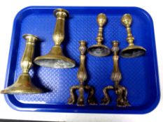 Three pairs of antique brass candlesticks