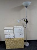 A fabric upholstered blanket box together with an Ikea floor lamp, two Endon light fittings, boxed,