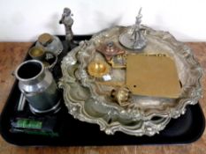 A tray containing assorted metal wares to include two silver plated card trays on raised feet,