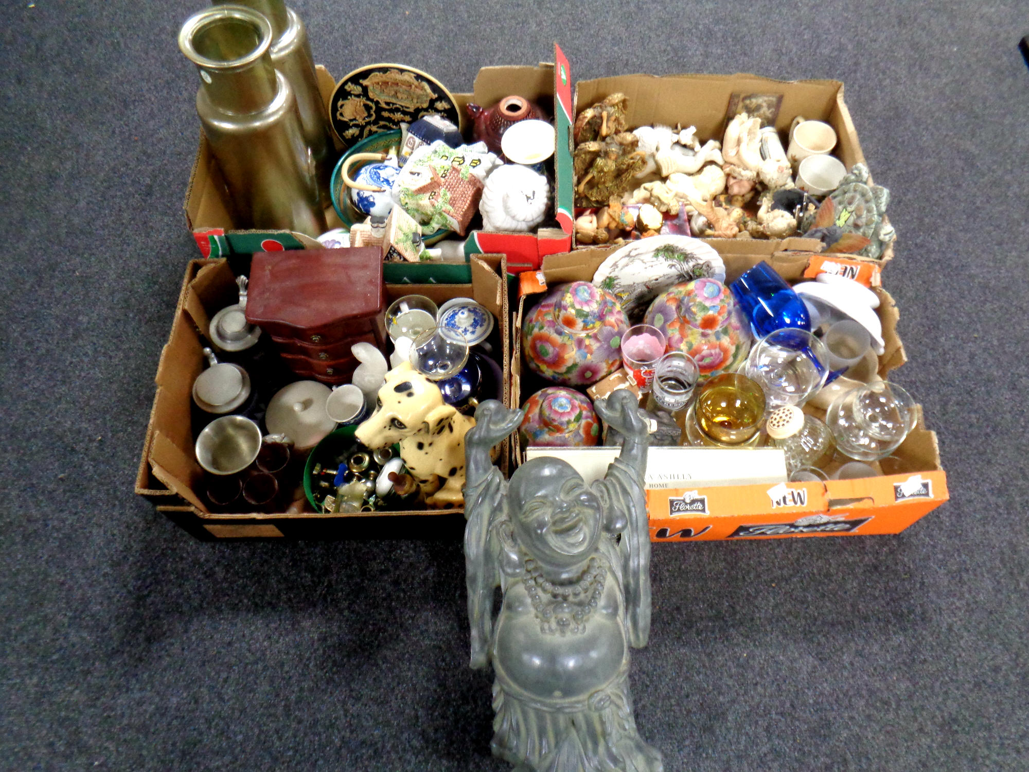 Four boxes containing a large quantity of miscellaneous ceramics, glassware, ornaments,