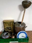 A crate of antique and later metal wares to include 19th century twin handled stock pot, kettle,