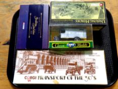 A tray containing die cast vehicles to include Corgi Transport of the 30s box set,