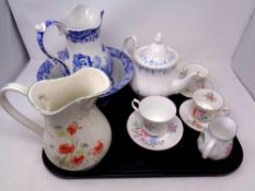 A tray containing assorted ceramics to include Copeland Spode Italian jug and basin,