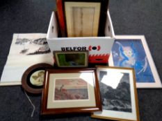 A box containing a quantity of continental pictures and prints, black and white etchings,