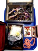 Two Victorian inlaid jewellery boxes containing a collection of costume jewellery, wristwatches,