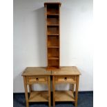 A pair of contemporary pine side tables fitted a drawer together with a pine media stand