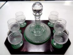 A Galway Crystal decanter with six brandy glasses on a twin handled tray