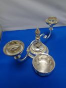 A silver plated two branch candle holder with dish